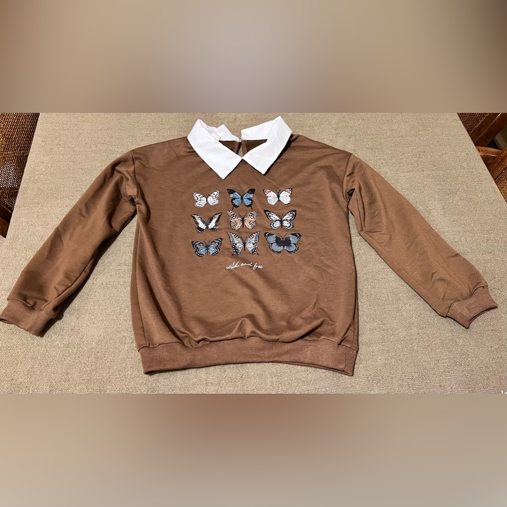 SHEIN Butterfly Wild&Free Collar Slogan Graphic Drop Shoulder Pullover!